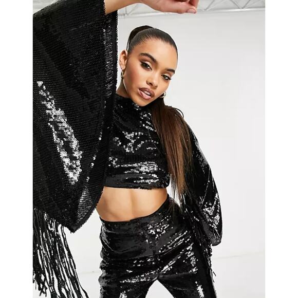 ASOS LUXE Sequin Fringe Bell Sleeve Top Open Back Black {LL1} - Picture 2 of 8